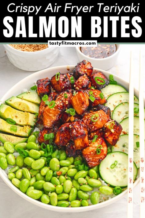 OMG! Just tried these air fryer teriyaki salmon bites and it’s so delicious! Crispy on the outside, moist and flaky inside, and ready in less than 10 minutes. So easy, perfect for meal prep, and healthy too. They've become my go-to for busy lunches and hectic weeknights. Absolutely obsessed! Teriyaki Salmon Bites, Macros Recipes, Salmon Bites Recipe, Salmon Bites, Protein Packed Meals, Teriyaki Salmon, Homemade Teriyaki Sauce, Easy Air Fryer, Air Fryer Dinner Recipes