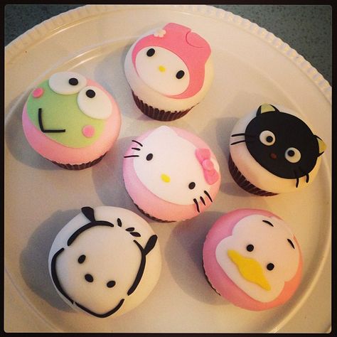 Sanrio cupcakes by Silk Cakes in NYC!!! So cute! Keroppi, My Melody, Hello Kitty, Pochacco, Chococat, and Pekkle :) Party City Hello Kitty, Cupcakes Decoration Hello Kitty, Sanrio Characters Birthday Party, Sanrio Chocolate Covered Strawberries, Hello Kitty And Friends Cupcakes, Pochacco Birthday Party, Hello Kitty Party Food, My Melody Cupcakes, Cute Cupcakes Aesthetic