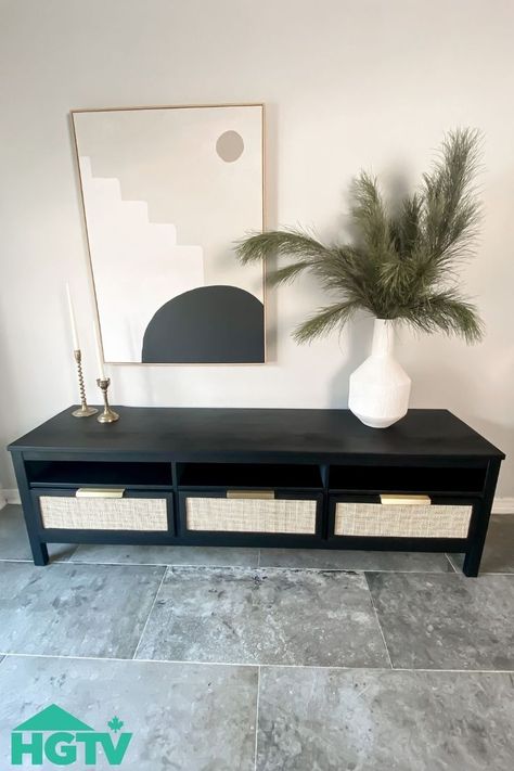 Ikea hack for Hemnes TV console Cabinets To Tv Stand, Tv Stand As Entry Table, Ikea Brimnes Hack Tv, Ikea Tv Board Hack, Redo Tv Stand, Ikea Hemnes Tv Stand Makeover, Tv Stand Paint Ideas, Ikea Brimnes Tv Stand Hack, Ikea Tv Stand Makeover