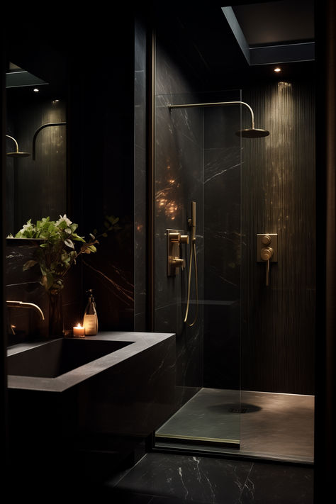 Imagine a luxurious bathroom with opulent noir designs, featuring dark elegance and stylish fixtures. Dark Luxe Bathroom, Black And Brown Home Aesthetic, Dark Luxury Bathroom, Dark Bathroom Aesthetic, Normal Bathroom, Small Dark Bathroom, Theme House, Moody Bathroom, Dark Bathroom Ideas