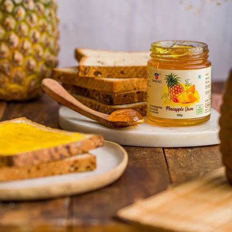 It's love at first bite! 😍❤ Our pineapple jam is soon to be your favourite choice of guilt-free dessert! Delicious and naturally made with no nasties. All treats and no tricks! . #smacko #jams #slices #spreads #jamslices #strawberry #blueberry #mixfruits #pineapple #healthy #natural #snacks #sugarfree #preservativefree #gelatinfree #smackojams #jamlover #snacks #bestsnackpartner #snacktime #healthyjams #jamsforall Jam Product Photography, Pineapple Jam, Natural Snacks, Love At First Bite, Guilt Free Dessert, Strawberry Blueberry, Baking Company, First Bite, Love At First