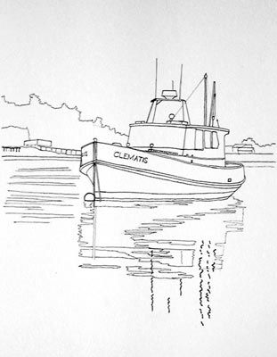 watercolor line drawing, painting a boat Drawing Boats Ideas, Boat Reference Drawing, Watercolor Boats Paintings, How To Draw Boats, Shrimp Boat Drawing, Watercolor Boat Painting Easy, Tugboat Drawing, How To Draw A Boat, Fishing Boat Drawing