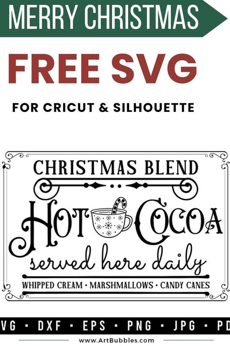 This vintage Christmas sign SVG design is perfect for making vintage style signs, wall decals, home signs, farmhouse signs, farmhouse décor, home décor and all your DIY craft projects. Files: SVG, DXF, PNG, EPS, JPG & PDF. This christmas free svg design can be used for various purposes like christmas t-shirts, signs, decals, or anything. #christmassvg #christmasfreesvg #christmashotcocoasvg #christmassigns #christmascricutsvg #merrychristmassvg Hot Chocolate Svg Free, Hot Cocoa Svg Free, Free Printable Christmas Signs, Free Christmas Svg Files, Hot Cocoa Svg, Christmas Svg Files Free, Free Christmas Svg, Vintage Christmas Sign, Free Fall Printables