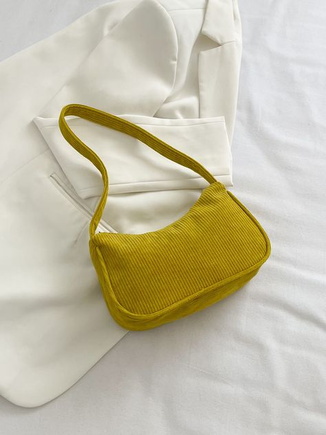 Mustard Yellow Preppy Collar  Corduroy Plain Baguette Bag Embellished   Women Bags Baguette, Yellow Preppy, Green Preppy, Sac Diy, Envelope Purse, Chubby Fashion, Style Preppy, Baguette Bag, Green Bag