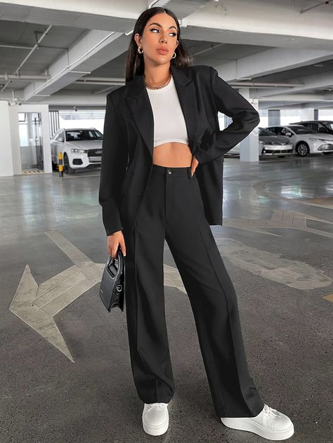 Elegant Black Trousers Outfit, Black Blazer And Black Pants Outfit, Womens Suit Trousers, Women’s Suits Black, Outfits With Suit Pants, Formal Modern Outfit, Blazer Pants Outfits For Women, Women Suit Trousers, Black Blazer Black Pants Outfit