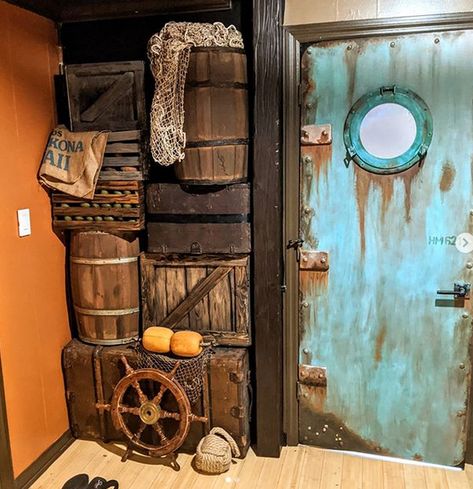 Fake Beam, Crate Wall, Pirate Halloween Decorations, Pirate Bathroom, Pirate Halloween Party, Nautical Bar, Pirate Room, Pirate Decor, Tiki Bar Decor