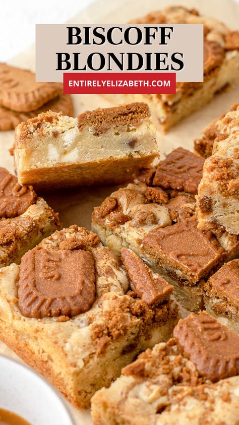 Cookie Butter Blondies Recipe, Biscoff Gooey Butter Cake, Biscoff White Chocolate Blondies, Dessert With Biscoff Cookies, Desserts With Cookie Butter, Low Calorie Biscoff Recipes, Cookie Butter Snacks, Biscoff Blondies Recipe, Biscoff Squares