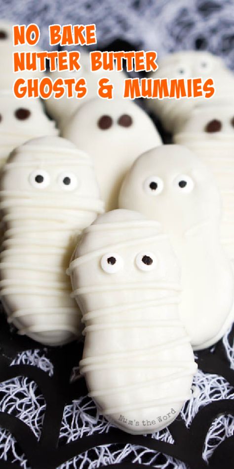 These No Bake Mummy Cookies have only 3 ingredients and take 10 minutes to whip up!  Nutter Butter Ghosts and Nutter Butter Mummies are a fun Halloween treat that even the smallest of kids can help make. #cookie #cookies #chocolate #whitechocolate #mummy #ghost #mummycookie #ghostcookie #mummycookies #halloweencookies #nutterbutterghost #nutterbuttermummy #numstheword Halloween Dessert Recipes Easy, Mummy Cookies, Strawberry Ideas, Easy Halloween Cookies, Amazing Cookie Recipes, Halloween Deserts, Halloween Cookie Recipes, Chocolate Covered Cookies, Halloween Tricks