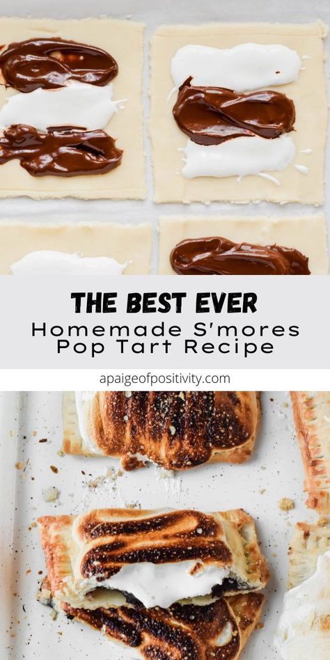 The ridiculously tasty, decadent sweet treat you didn't know you needed. These Homemade S'mores Pop Tarts have rich, ooey chocolate fudge and sweet marshmallow fluff sandwiched between flaky pie crust, all topped with a toasted marshmallow frosting for a next level delicious dessert. Homemade S’mores Pop Tarts, Pop Tarts Smores, Cookies And Cream Pop Tarts, Homemade Smores Pop Tarts, S’mores Poptarts, Smore Poptarts, Poptart Recipe Homemade, Sourdough Pop Tarts, Smores Pop Tarts