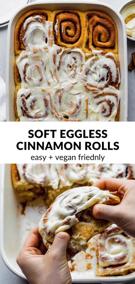 These Eggless Cinnamon Rolls are soft, fluffy, and super gooey in the middle! They're easy to make and come together with 8 basic ingredients. You can easily make these homemade cinnamon rolls vegan by using vegan butter and non-dairy milk. as they're already egg-free. Dairy Free Egg Free Muffins, Eggless Cinnamon Buns, Vegan Cinammon Rolls Recipes, Egg Free Lunch Ideas, Homemade Cinnamon Rolls No Egg, Easy Cinnamon Rolls No Eggs, Cinnamon Rolls Homemade Eggless, Egg Free Pastries, No Egg Cinnamon Rolls