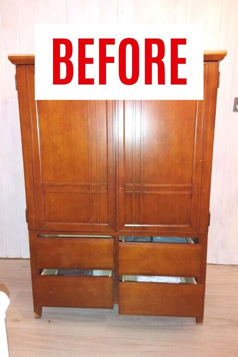 Check out the before and after of this beautiful Armoire upcycle idea. Old furniture flips are a great way to decorate your bedroom on a budget. Upcycling, Armoire Repurpose Bedroom, Vintage Wardrobe Upcycle, Adding Shelves To Armoire, Old Armoire Repurposed, Repurpose Armoire Ideas, Amoire Ideas Bedrooms, Refinished Armoire Ideas, Wardrobe Diy Makeover