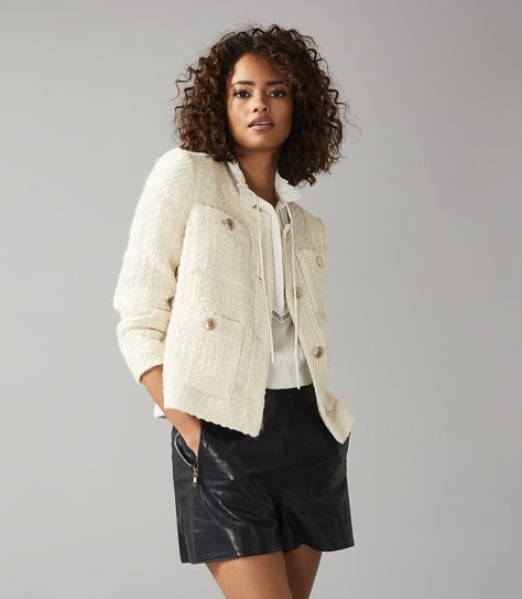 June White Short Boucle Jacket – REISS White Boucle Jacket Outfit, Boucle Jacket Outfit, Dark Skirts, Transitional Outfits, Outfit Upgrade, Jacket Outfit Women, Leather Skirts, Effortlessly Chic Outfits, Boucle Jacket