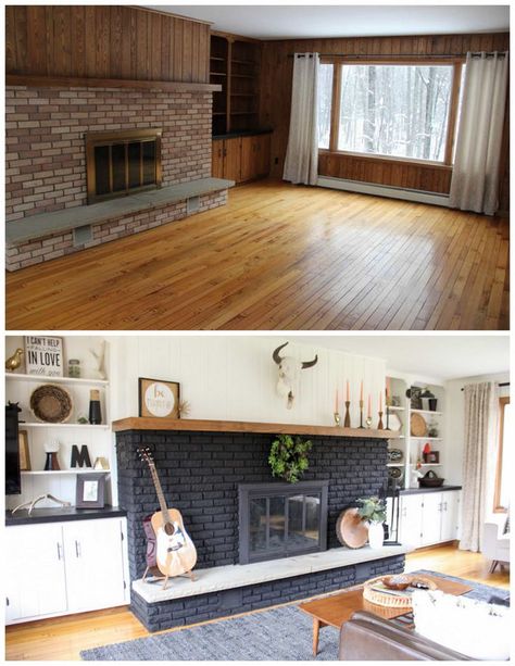 Farmhouse Remodel Before And After, Fixer Upper Living Room, Fixer Upper House, Farmhouse Remodel, Living Room Remodel, After Pictures, Rustic Living Room, Brick Fireplace, Before And After Pictures