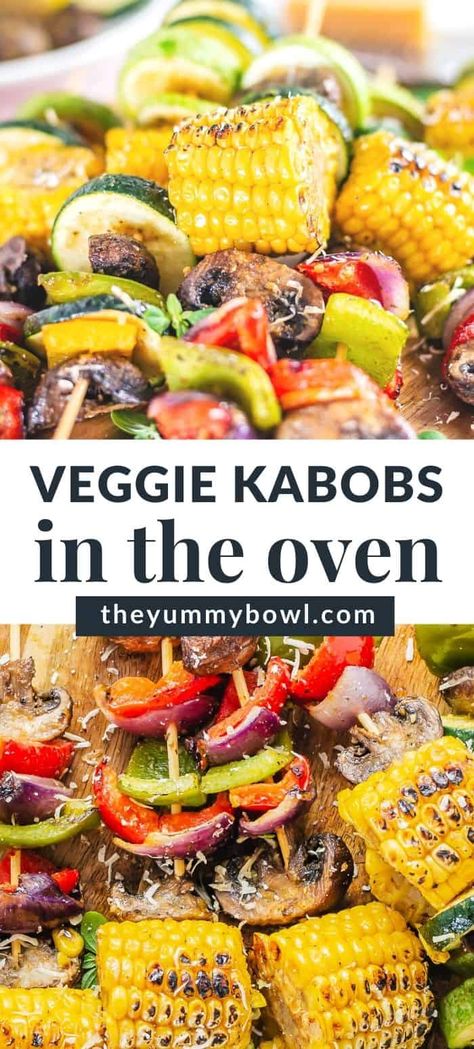 Veggie Kabobs in the oven Vegetable Kabobs In The Oven, Veggie Kabob, Veggie Shish Kabobs, Baked Skewers Oven, Veggie Skewers Oven, Veggie Kabobs In Oven, Side Dish For Kabobs, Vegetable Skewers Oven, Veggie Kabobs On The Grill