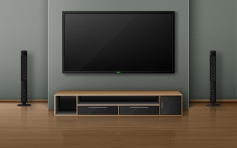 Home theater with tv screen and speakers... | Free Vector #Freepik #freevector #wood #home #3d #wall Sound Illustration, Living Room Speakers, Speaker Setup, Television Wall, Floor Speakers, Room Speakers, Gacha Backgrounds, Living Room Entertainment Center, Loud Speaker