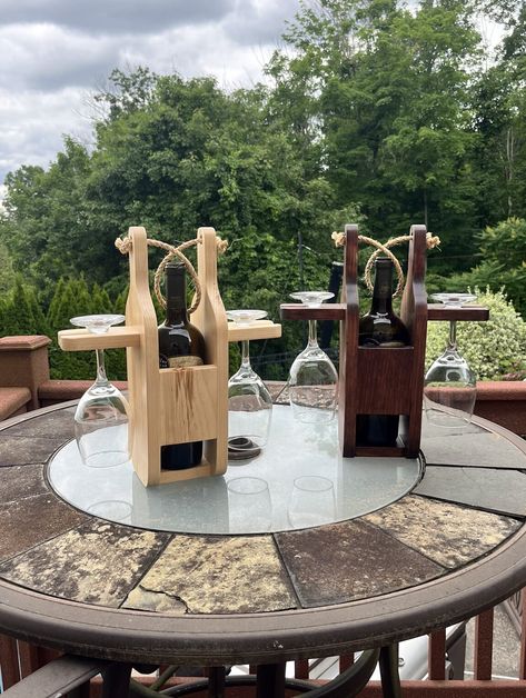 Wine Bottle & Glasses holder great for the Winery. Handmade wood in your choice of finish can also be personalized. Wooden Bottle Holder, Drink Holder Diy, Wine Glass Holder Diy, Wine Bottle Holder Diy, Bunny Tracks, Wine Flight, Wood Wine Bottle Holder, Wood Wine Holder, Flight Board