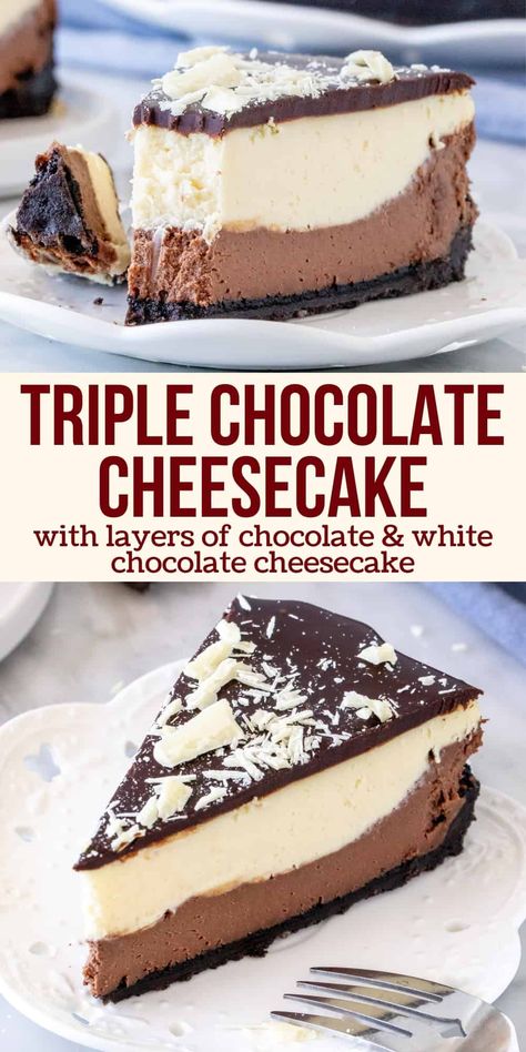 This layered chocolate cheesecake is extra decadent with a thick Oreo cookie crust, a layer of chocolate cheesecake and a layer of white chocolate cheesecake. The layers make it look  impressive, and you truly get the best of both worlds when it comes to chocolate. #chocolate #cheesecake #layered #whitechocolate #oreocrust #cookiecrust #best #recipe #triplechocolate from Just So Tasty Black And White Cheesecake, Cheesecake Recipes White Chocolate, Chocolate Layer Cheesecake, Layered Chocolate Cheesecake, Cheesecake Factory Chocolate Tower Truffle Cake Recipe, Cheesecake Recipes Easy Chocolate, Cheesecake Layered Cake, Cheesecake Recipes With Chocolate, Happy Birthday Cheesecake