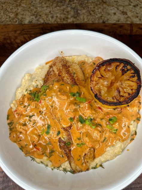 U.S Catfish and Grits Catfish Sandwich Sauce, Blackened Catfish And Grits, Fish And Grits Sauce, Blackened Catfish With Cream Sauce, Cajun Crawfish Cream Sauce, Creole Sauce For Shrimp And Grits, Catfish With Cream Sauce, Catfish And Grits Soul Food, Fried Catfish And Grits