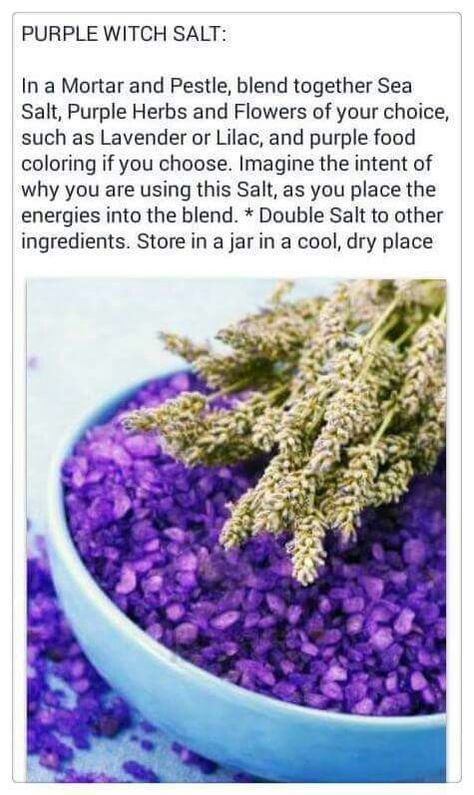 Purple Witch Salt  I personally wouldn't use the food colouring. I like my blends to remain natural. Purple Salt Witchcraft, Witch Salt Recipes, Blue Salt Witchcraft, Black Salt Recipe, Salt Witchcraft, Make Witches, Witch Salts, Witch Salt, Purple Salt