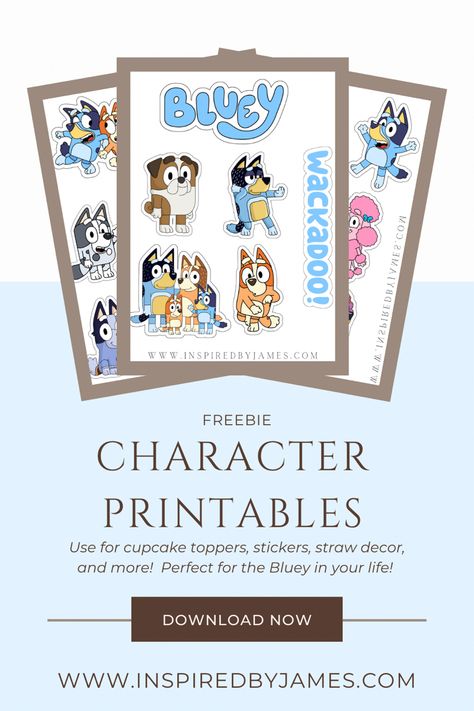 FREE Bluey Character Printables|| www.inspiredbyjames.com || #birthdayparty #diydecoration #blueybirthdayparty #bluey #freebie Printable Bluey Characters, Bluey Oh Biscuits, Free Printable Bluey Invitations, Bluey Cupcake Toppers Free Printable, Bluey Birthday Party Printables Free, Free Bluey Birthday Printables, Bluey Food Labels Printable Free, Bluey Party Food Labels Free Printable, Bluey Character Cutouts