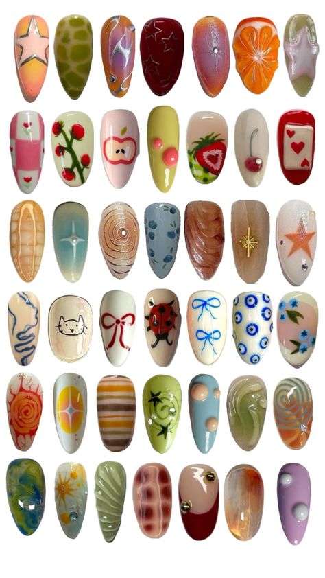 Arty Nail Ideas, Tacky Nail Art, Simple But Funky Nails, Nail Inspo Board, Garbo Core Nails, Nail Art Very Short Nails, Tokyo Nails Street Styles, Nail Frame Design, Beabadoobee Theme Nails