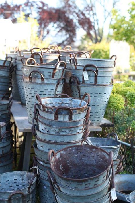 vintage olive buckets! Metal Buckets, Olive Bucket, Galvanized Buckets, Dreamy Whites, Metal Bucket, Flea Market Finds, Antique Market, Love Vintage, Reuse Recycle