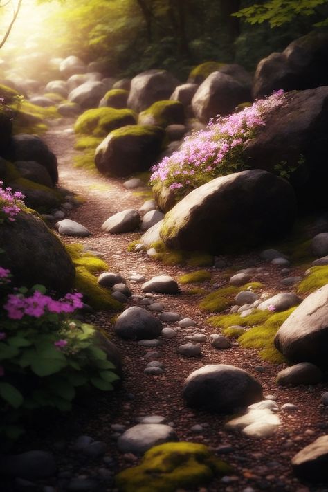 Path between stones with flowers and forest. Natures Path, Stone Road, Fall Canvas Painting, Fall Canvas, Forest Path, Stone Path, Acrylic Painting Techniques, Birds Eye View, World Building