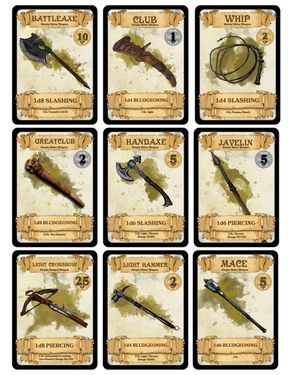 Weapon Cards for D&D 5th Edition. All 37 weapons from the PHB on cards available in a PDF on Google Drive with the following... Dnd Cards, Game Card Design, D D Items, Dnd 5e Homebrew, Heroic Fantasy, Dragon Rpg, Adventure Time Finn, Dungeons And Dragons Game, Dungeon Maps