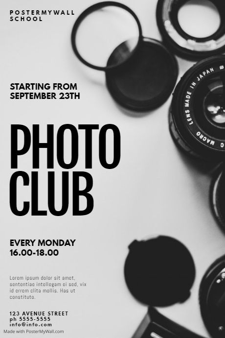 photo club flyer design template | PosterMyWall Flyer Design Photography, Photography Club Ideas, Workshop Poster Design Ideas, Photo Contest Poster, Photography Workshop Poster, Photography Exhibition Poster, Photography Flyer Design, Festival Exhibition, Club Flyer Design