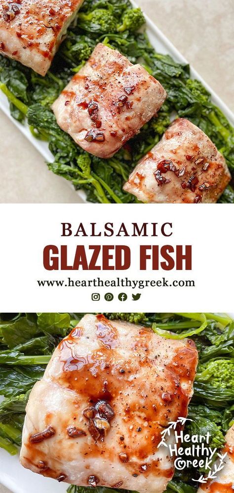 This recipe for Balsamic Glazed Fish works with just about any fish! The glaze is sweet and tangy. Pair it with your favorite veg and you've got a filling healthy meal! #fishrecipes #balsamicglaze #bakedfishrecipes #quickmeals Balsamic Fish Recipes, Glaze For Fish, Basa Fillet Recipes, Sablefish Recipes, Pollock Fish Recipes, Healthy Greek Recipes, Balsamic Vinegar Recipes, Fish Fillet Recipe, Fish Marinade