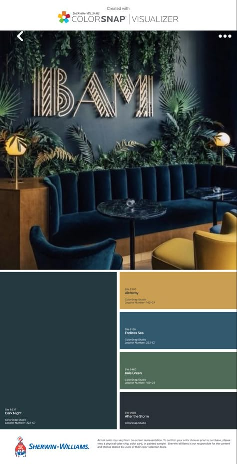 Instagram wall with a velvet banquette, a neon sign, and faux foliage/greenery backdrop. Bar Paint Color Ideas, Home Office Color Scheme Modern, Navy Dark Green Color Palette, Colors For Restaurants, Restaurant Color Scheme Colour Palettes, Industrial Interior Design Colour Palette, Art Deco Wall Paint Colors, Speakeasy Vibe Decor, Green Navy Gold Color Palette