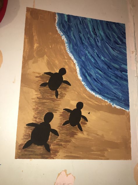 Turtle Wall Painting, Acrylic Paint On Canvas Ideas, Disney Painting Ideas Easy, Lukisan Ideas, Beach Scene Painting, Umbrella Painting, Nature Art Drawings, Art Painting Tools, Square Painting