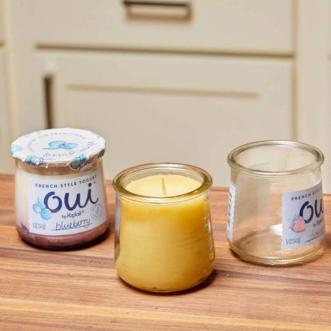 Glass Jars Diy, Yogurt Jars, Beeswax Candles Diy, Crafts With Glass Jars, Jar Diy, One Candle, Mason Jar Crafts, Jar Crafts, Oui Oui