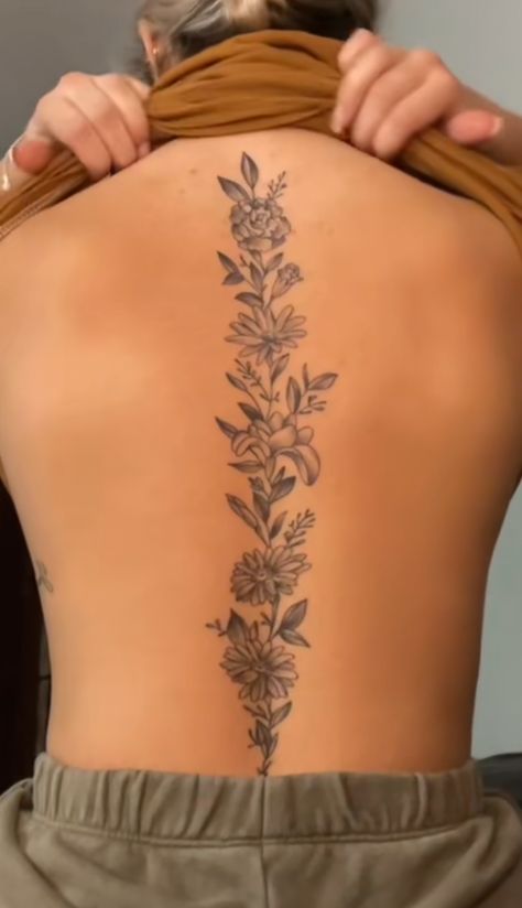 Spine Tatoos Woman Flower, Detailed Spine Tattoos For Women, Flower Spinal Tattoo Women, Honeysuckle Spine Tattoo, Spin Tattoos For Women Flowers, Spine Tattoo Women Unique, Roses Back Tattoo Women, April Birth Flower Spine Tattoo, Spine Tattoos Cover Up