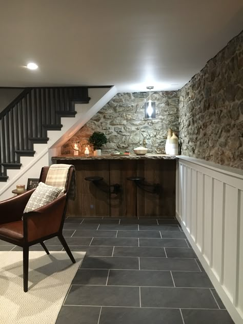 Grungy 1700s basement turned bar / hangout space. Stone House Revival - Season One. Basement Decoration, Basement Inspiration, Basement Renovation, Diy Basement, Waterproofing Basement, Small Basements, Basement Makeover, Basement Ceiling, Basement Walls