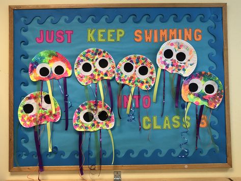 Summer jellyfish bulletin board Jellyfish Bulletin Board, Art Bulletin Boards, Jellyfish Craft, Preschool Bulletin, Swimming Classes, Preschool Bulletin Boards, Vbs 2024, Jellyfish Art, Kid Activities