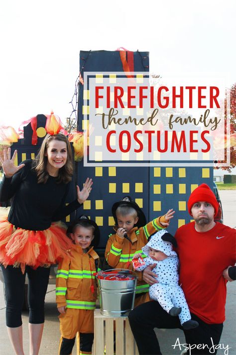 Firefighter family costumes for Halloween!!! Love the Firefighter themed trunk or treat! #firefighterfamily Firefighter Halloween Family Costumes, Firefighter Family Costume Ideas, Firefighter And Flame Costume, Trunk Or Treat Ideas For Cars Firefighter, Firehouse Trunk Or Treat, Fire Flame Costume, Trunk Or Treat Ideas Firetruck, Fire Truck Family Costume, Firetruck Halloween Costume