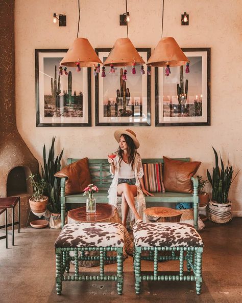 Ghost Ranch in Tempe Arizona | Best Restaurants In Tempe Arizona Mexican Themed Living Room Home Decor, Southwestern Office Ideas, Arizona Boho Home, Arizona House Decor, Eclectic Southwestern Decor, Eclectic Western Decor, Arizona Room Ideas, Arizona Decor Interior Design, Room Ideas Scandinavian