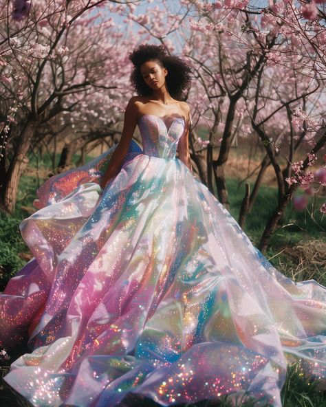 Vibrant Wedding Dress, Iridescent Dress Evening Gowns, Iridescent Wedding Dress, Iridescent Wedding, Iridescent Fashion, Rainbow Wedding Dress, Fantasy Ball, Fairy Gown, Colorful Fairy