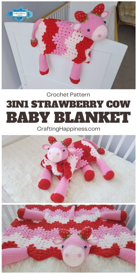 Discover the fun and versatile 3in1 Strawberry Cow Baby Blanket! 🍓🐄 A charming crochet creation that doubles as a blanket, toy, and nursery decor. 🧶 Cow Blanket Crochet Pattern, Crochet Ideas For Baby Girl, Crochet Cow Baby Blanket, Cow Baby Blanket Crochet Pattern Free, Cow Blanket Crochet Pattern Free, Crochet Strawberry Blanket, Strawberry Crochet Blanket, Cow Crochet Blanket, Crochet Animal Baby Blanket