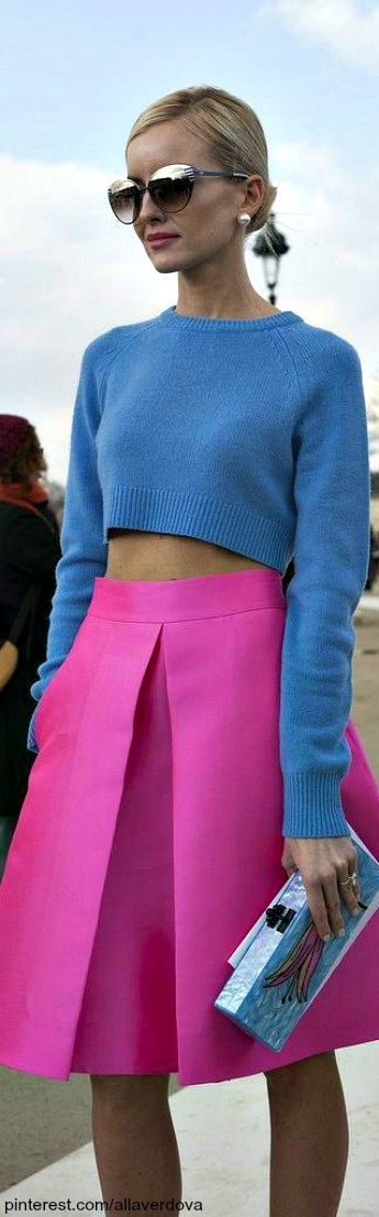 Shop this look on Lookastic: http://lookastic.com/women/looks/blue-knit-cropped-sweater-hot-pink-skater-skirt-light-blue-print-clutch/8913 — Blue Knit Cropped Sweater — Hot Pink Skater Skirt — Light Blue Print Clutch Hot Pink And Blue Outfit, Pink Turtleneck Outfit, Blue Sweater Outfit, Pink Skater Skirt, Women Looks, Outfits Colorful, Hot Pink Skirt, Knit Cropped Sweater, Turtleneck Outfit