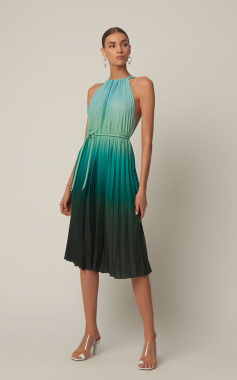 Max Mara Pleated Halter-Neck Chiffon Knee-Length Dress Pleated Floral Dress, Ombre Pleated Dress, Chiffon Pleated Dress, Pleated Summer Dress, Halter Neck Summer Dress, Pleated Fabric Outfits, Halter Dress Outfit, Pleated Fabric Dress, Pleated Dress Midi