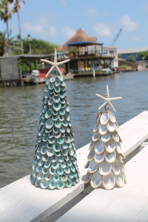 Loving Coastal Living's Blue/Green Limpet Tree & Reversed Abalone Tree Available at www.LovingCoastalLiving.com Shell Trees, Seashell Tree, Shell Tree, Beachy Stuff, Shell Painting, Oyster Shell Crafts, Shell Craft, Christian Ornaments, Beachy Christmas