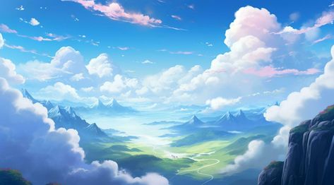 Anime Sky Background, Blue Sky Background Landscape, Fantasy Clouds, Sky Blue Background, Grass Background, Top Of A Mountain, Scene Background, Mountain Background, Fantasy Background