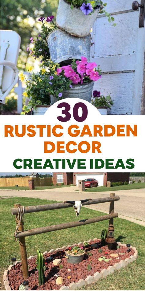 Create a charming rustic oasis in your outdoor space with these garden decor ideas. Discover how weathered wooden benches, vintage metal planters, and whimsical birdhouses can add natural beauty and cozy elegance to your backyard retreat. Illuminate the evenings with string lights and lanterns for a magical ambiance, or repurpose old crates and barrels as unique planters for a touch of farmhouse charm. Let the rustic garden decor captivate your outdoor sanctuary as you embrace the allure of natu Rustic Garden Decor Diy, Rustic Backyard Ideas, Whimsical Birdhouses, Rustic Garden Design, Unique Planters, Diy Wreath Bow, Rustic Landscaping, Wooden Benches, Rusty Garden