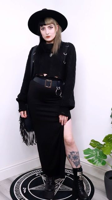 AMY STARDUST on Instagram: "BEFORE VS. AFTER ACCESSORIES Which look is your fav? 🖤 It’s mad how much you can change an outfit with just a few accessories! Outfit one: Dress: thrifted @vinted @newlook Shirt: thrifted / charity shop Beret: @amazon Harness: @disturbia [previously gifted] Bag: @killstar [previously gifted] Socks: @primark Boots: @newrock Outfit two: Top: @killstar Skirt: thrifted / charity shop Belt: @asos Hat: @disturbia [previously gifted] Necklace: @thepsychictree Bag: th Disturbia Outfit, Black Underbust Corset Dress In Edgy Style, Goth Maxi Dress Outfit, Black Alternative Fashion Skirt, Alt Maxi Skirt Outfit, Black Maxi Skirt Outfit Goth, Goth Maxi Skirt, Killstar Outfit, Lbd Outfit