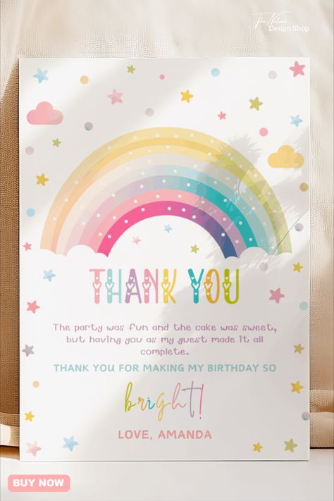 This rainbow themed thank you card template is the perfect addition to your rainbow party favors! 
Make your rainbow themed birthday impressive and click to shop this item. You can edit and customize the text, then print as many times as you wish.
Check out our store for many butterfly themed items and ideas! Flower And Butterfly Birthday Rainbow Theme, Rainbow Theme Birthday Invitation, Boho Rainbow Thank You Tags, Rainbow Theme Invitation Template, Boho Rainbow Birthday Party, Colorful Party Decorations, Rainbow Thank You Cards, Rainbow Birthday Decorations, Thank You For Birthday Wishes