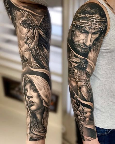 Jesus Tattoo Sleeve, Religious Tattoo Sleeves, Religous Tattoo, Christus Tattoo, Biblical Tattoos, Christ Tattoo, Christian Sleeve Tattoo, Realistic Tattoo Sleeve, Men Tattoos Arm Sleeve