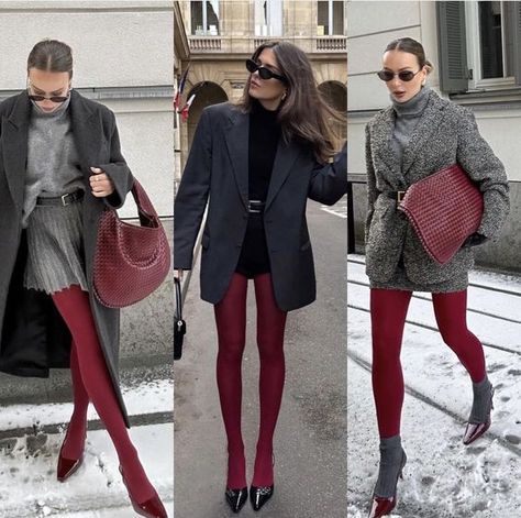 Coloured Tights Outfit, Red Tights Outfit, Linda Sza, Colourful Tights, People To Avoid, Grey Skirts, Burgundy Tights, Stile Kendall Jenner, Red Tights