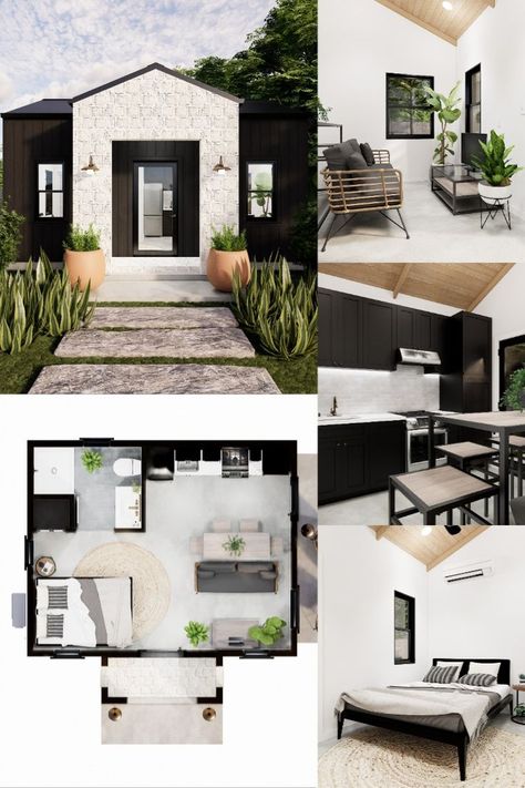 Modern Guest House ADU Plans with a California vibe. Guest House Apartment, 1 Bed Guest House, Modern Tiny House Layout, Guest House Plans With Garage, Guest House Entrance, Small Modern Guest House, Adu Designs Modern Interior, Adu In Backyard, Modern Farmhouse Guest House